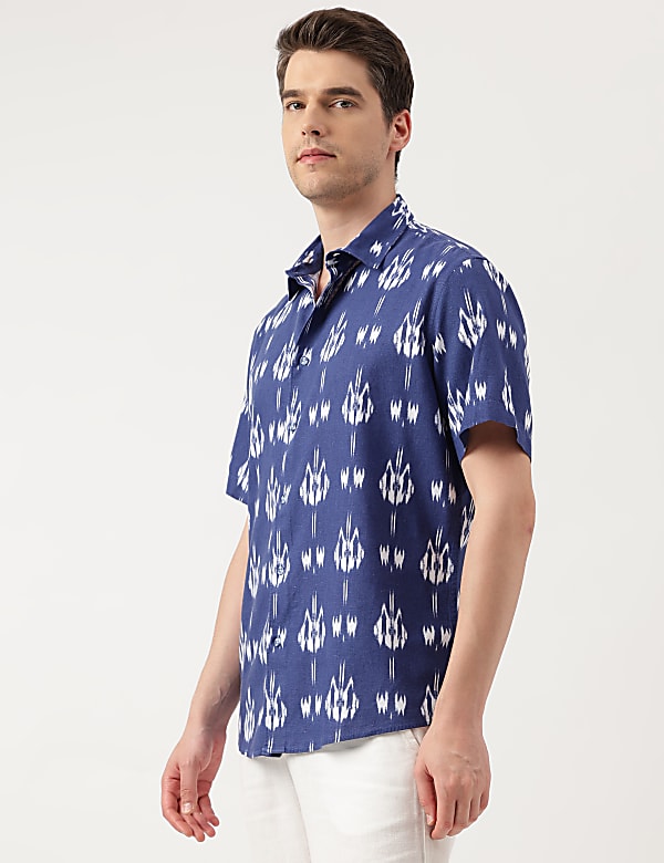 Linen Blend Printed Spread Collar Shirt