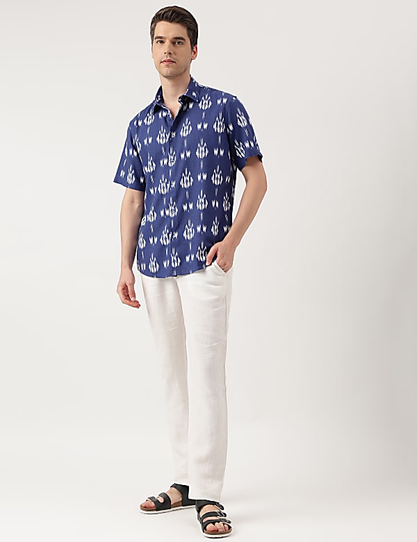 Linen Blend Printed Spread Collar Shirt