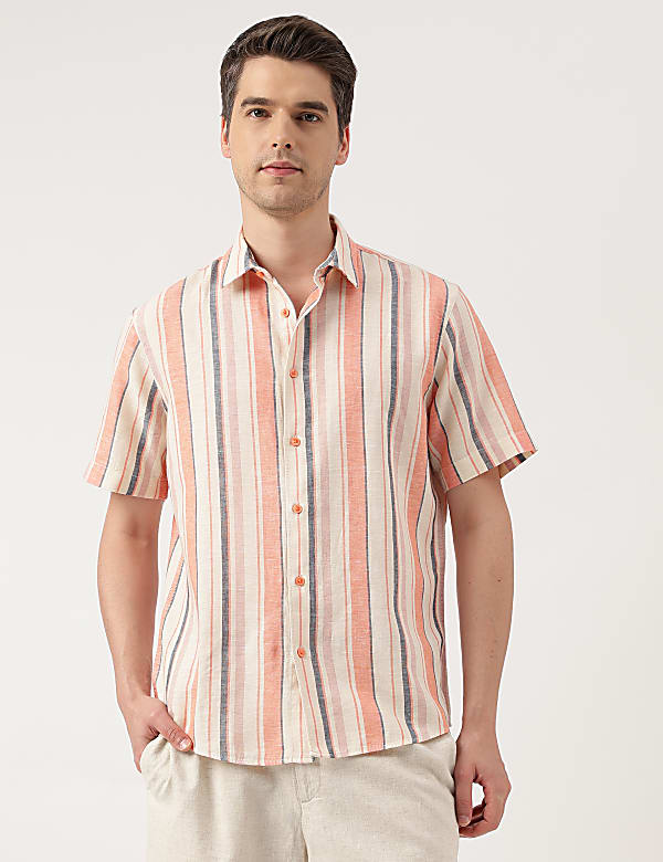 Linen Blend Striped Spread Collar Shirt