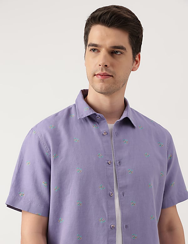 Linen Blend Floral Spread Collar Shirt