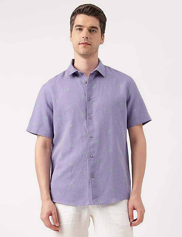 Linen Blend Floral Spread Collar Shirt