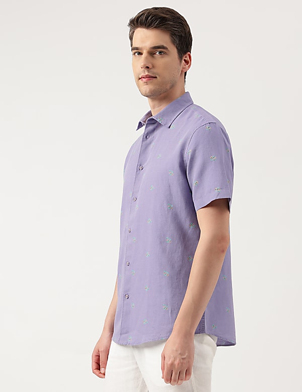 Linen Blend Floral Spread Collar Shirt