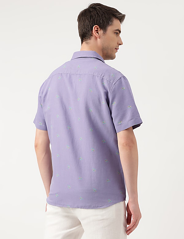 Linen Blend Floral Spread Collar Shirt