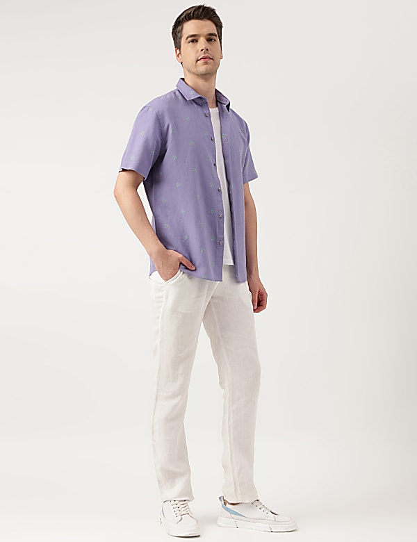 Linen Blend Floral Spread Collar Shirt