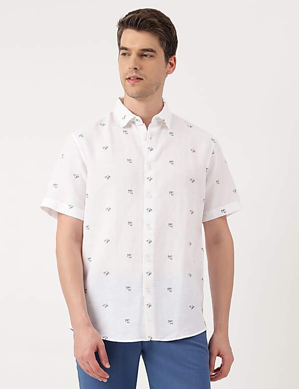 Linen Blend Floral Spread Collar Shirt
