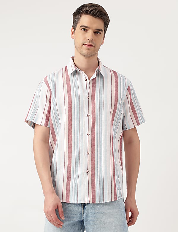 Linen Blend Striped Spread Collar Shirt