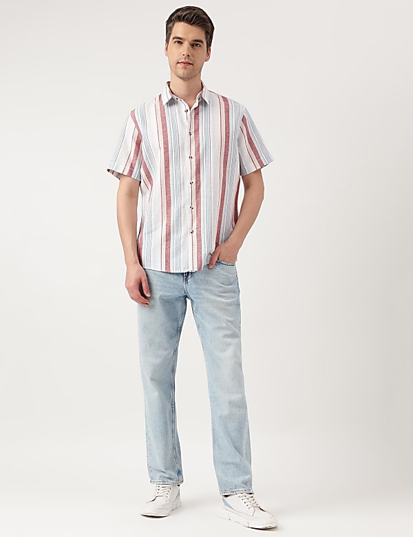 Linen Blend Striped Spread Collar Shirt
