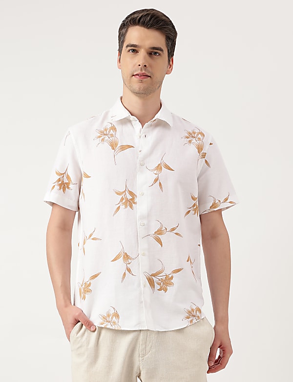 Linen Blend Floral Spread Collar Shirt