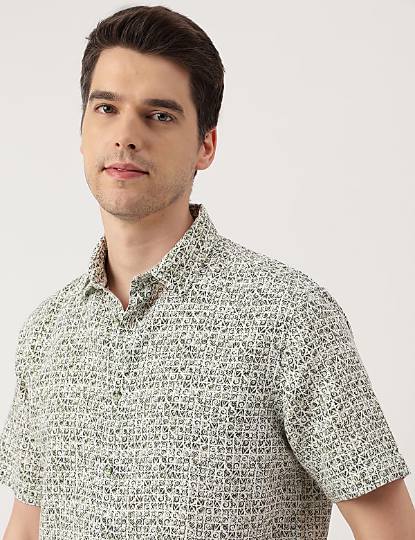 Linen Blend Printed Spread Collar Shirt