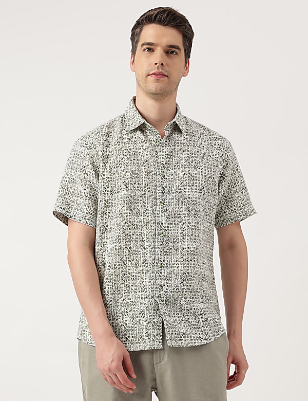 Linen Blend Printed Spread Collar Shirt