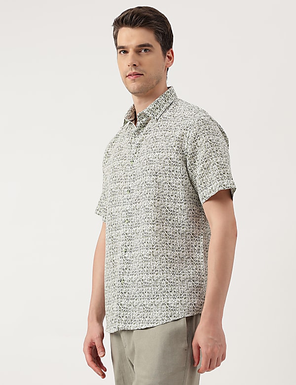 Linen Blend Printed Spread Collar Shirt