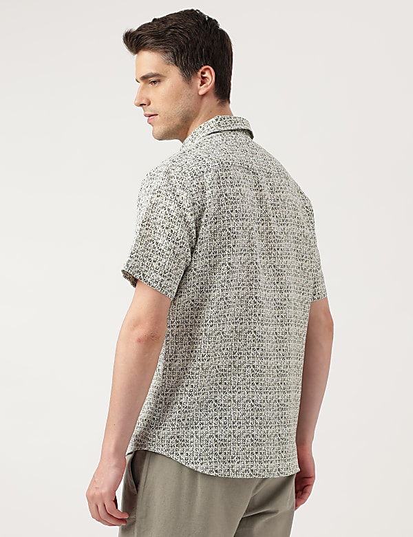 Linen Blend Printed Spread Collar Shirt