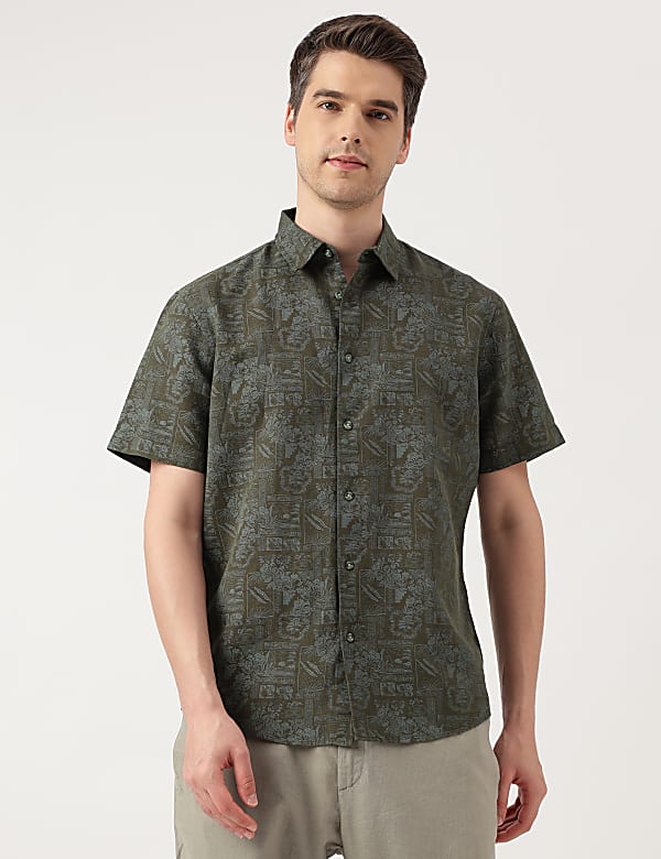 Linen Blend Printed Spread Collar Shirt