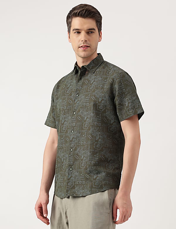 Linen Blend Printed Spread Collar Shirt
