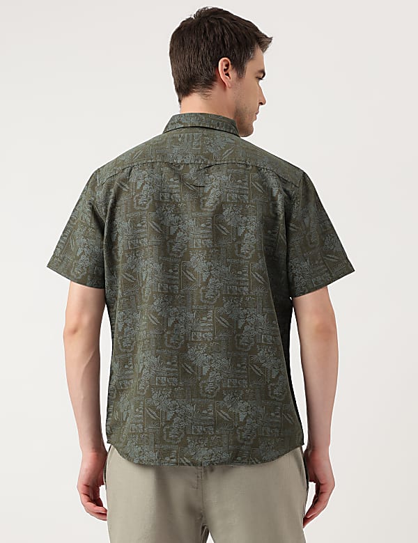 Linen Blend Printed Spread Collar Shirt