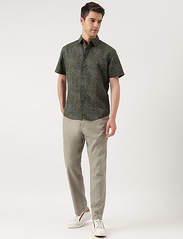 Linen Blend Printed Spread Collar Shirt