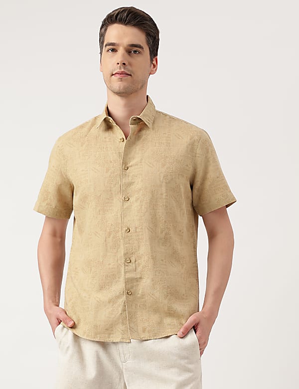 Linen Blend Printed Spread Collar Shirt