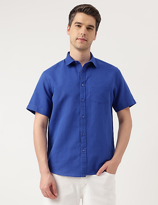 Linen Blend Solid Spread Collar Shirt