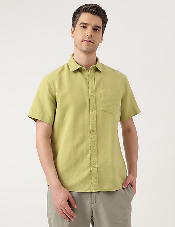Linen Blend Solid Spread Collar Shirt
