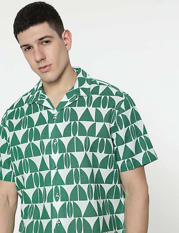 Relaxed Fit Linen Mix Geometric Print Shirt