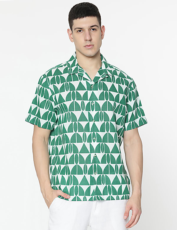 Relaxed Fit Linen Mix Geometric Print Shirt