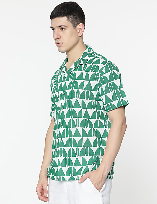 Relaxed Fit Linen Mix Geometric Print Shirt