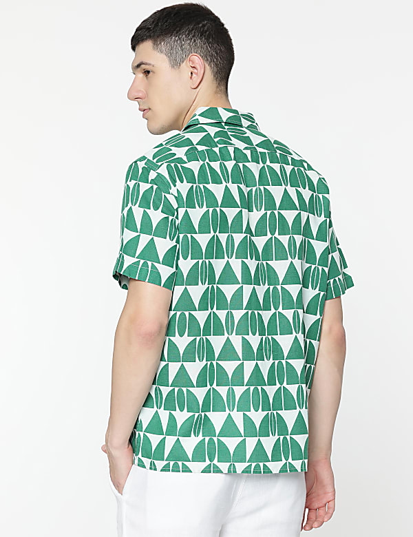 Relaxed Fit Linen Mix Geometric Print Shirt