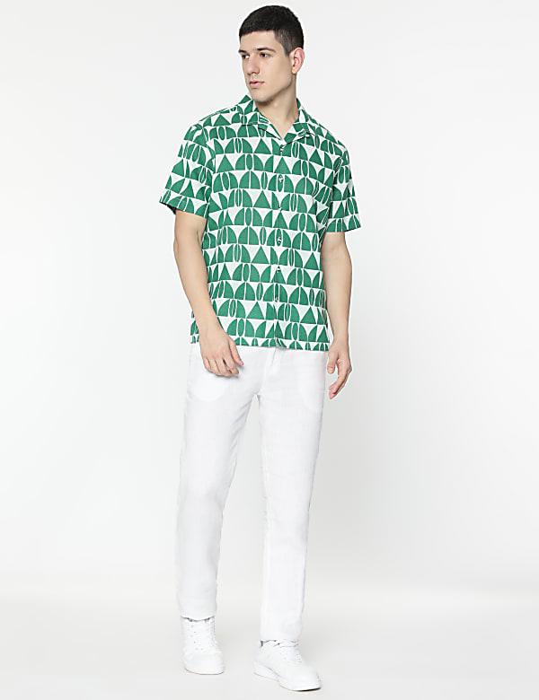 Relaxed Fit Linen Mix Geometric Print Shirt