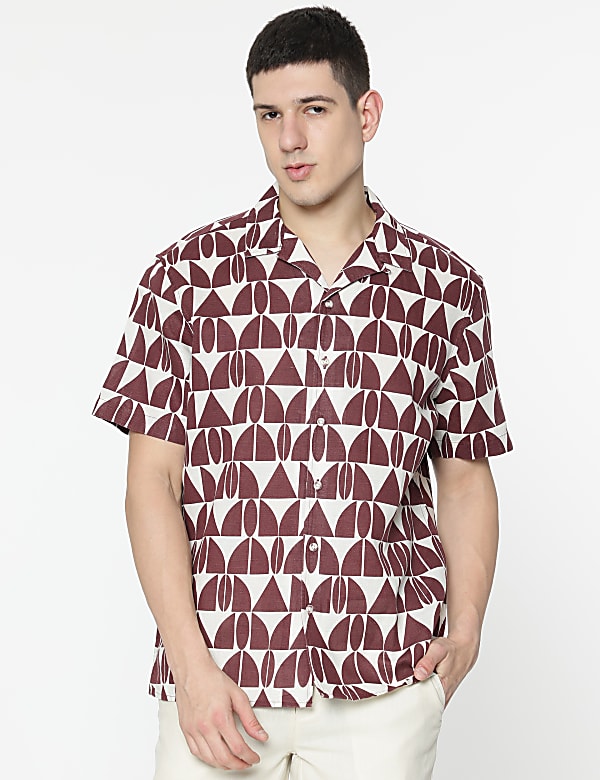 Relaxed Fit Linen Mix Geometric Print Shirt