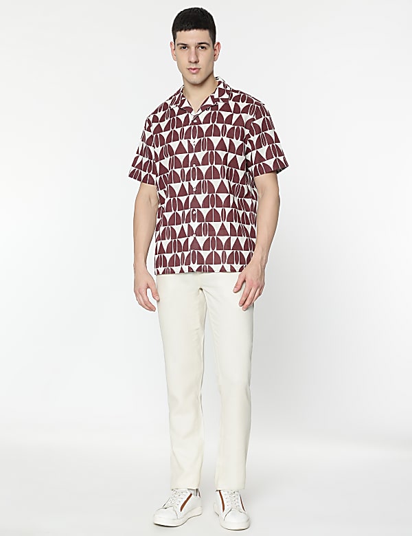 Relaxed Fit Linen Mix Geometric Print Shirt