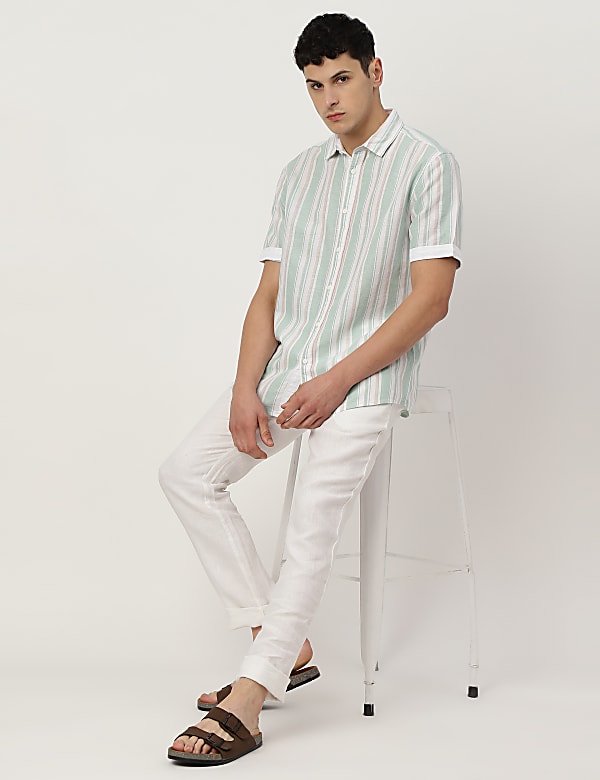 Linen Blend Striped Spread Collar Shirt