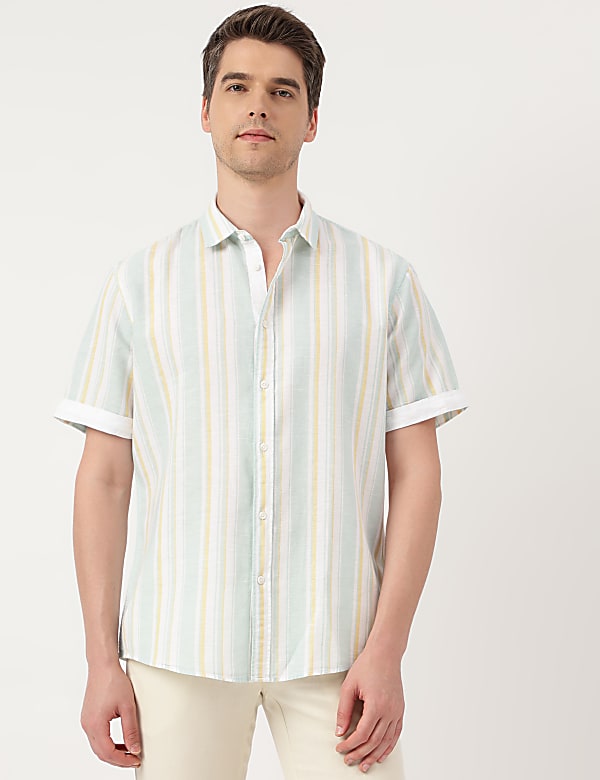 Linen Blend Striped Spread Collar Shirt