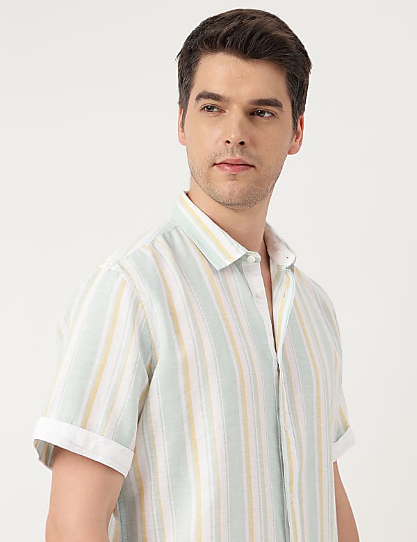Linen Blend Striped Spread Collar Shirt