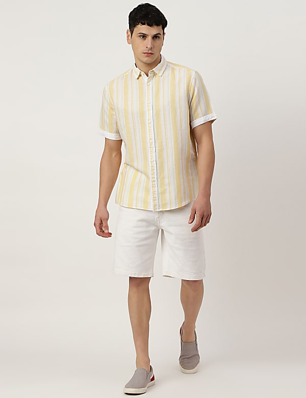 Linen Blend Striped Spread Collar Shirt
