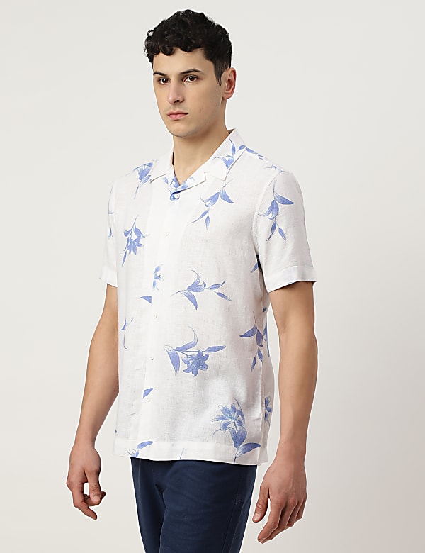Linen Mix Printed Spread Collar Shirt