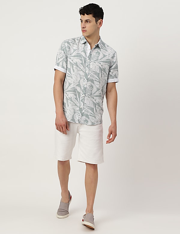 Linen Mix Printed Spread Collar Shirt