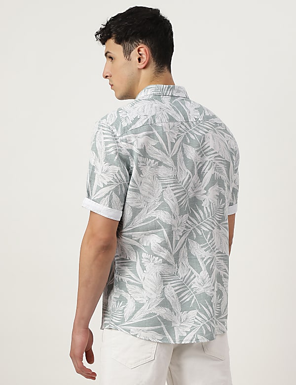 Linen Mix Printed Spread Collar Shirt