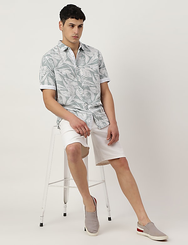 Linen Mix Printed Spread Collar Shirt