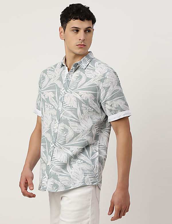 Linen Mix Printed Spread Collar Shirt