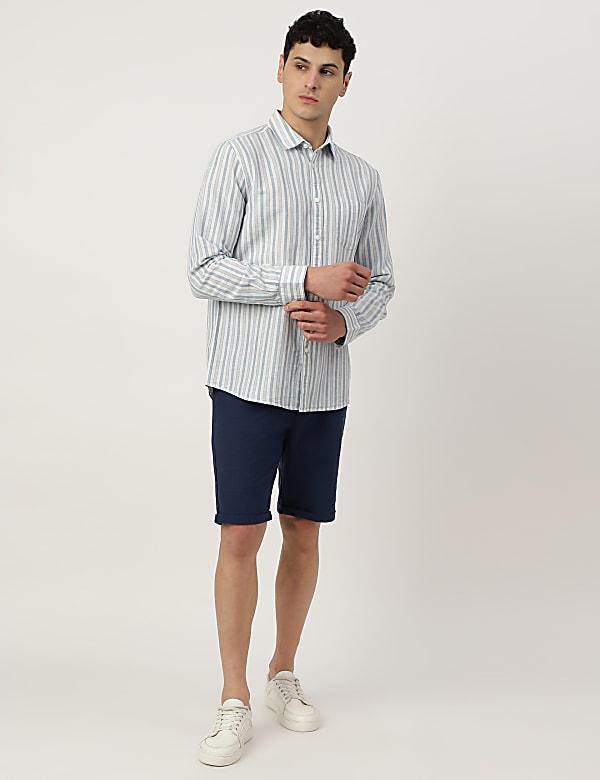 Linen Mix Striped Spread Collar Shirt