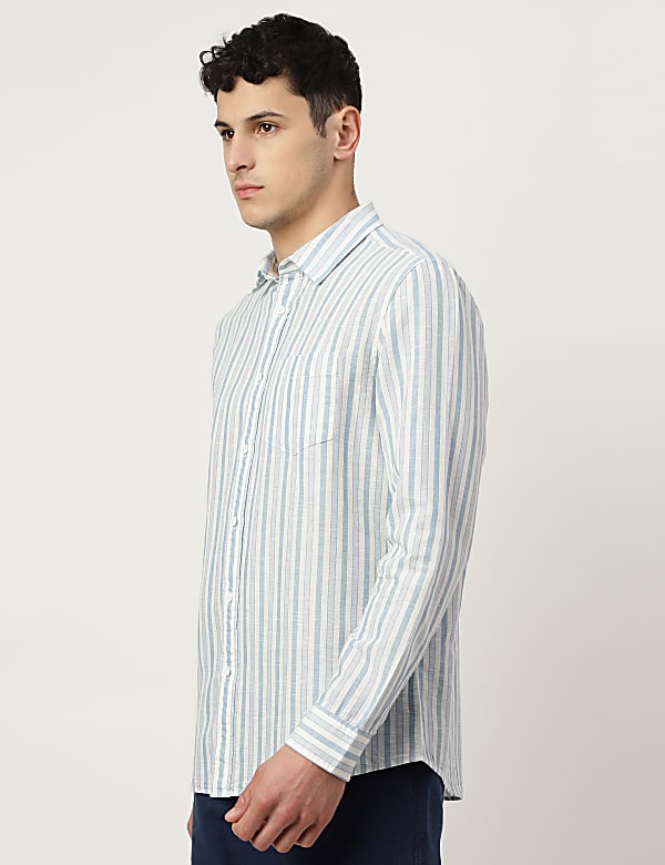 Linen Mix Striped Spread Collar Shirt