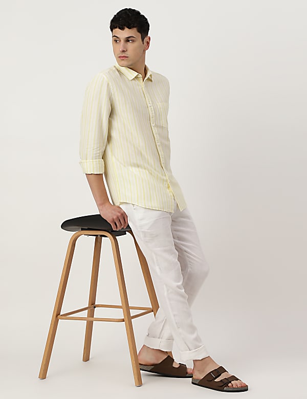 Linen Mix Striped Spread Collar Shirt