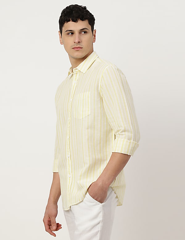 Linen Mix Striped Spread Collar Shirt