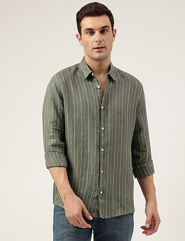 Relaxed Fit Pure Flax Stripes Spread Collar Shirt