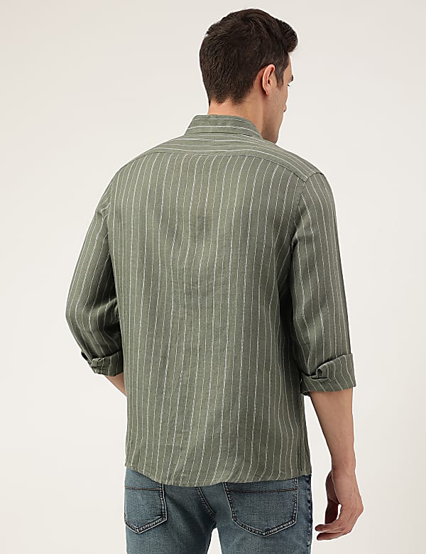 Relaxed Fit Pure Flax Stripes Spread Collar Shirt