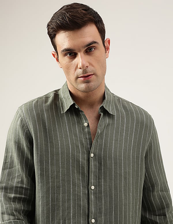 Relaxed Fit Pure Flax Stripes Spread Collar Shirt