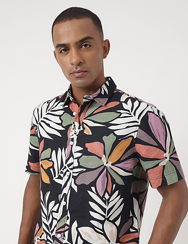 Linen-Blend Floral Printed Shirt