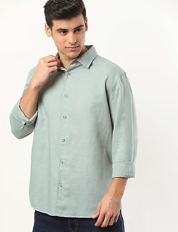 Linen Mix Plain Spread Collar Shirt