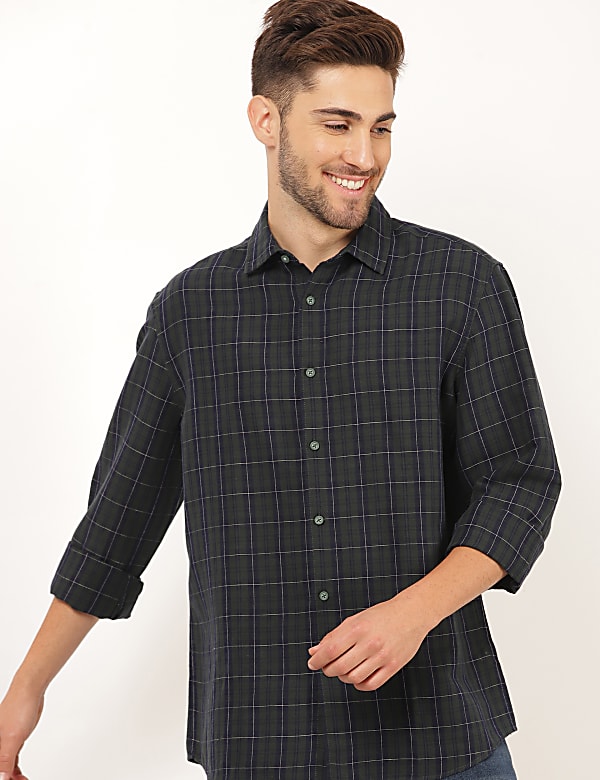 Linen Mix Checked Spread Collar Shirt