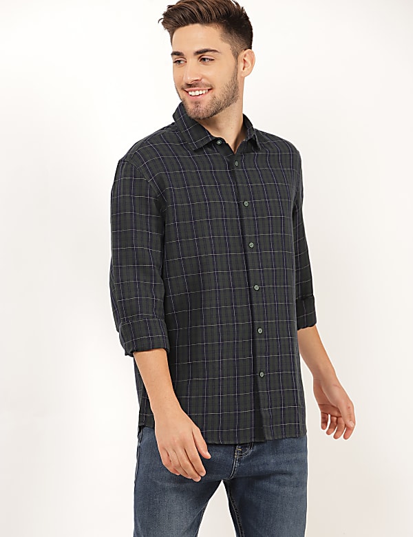 Linen Mix Checked Spread Collar Shirt